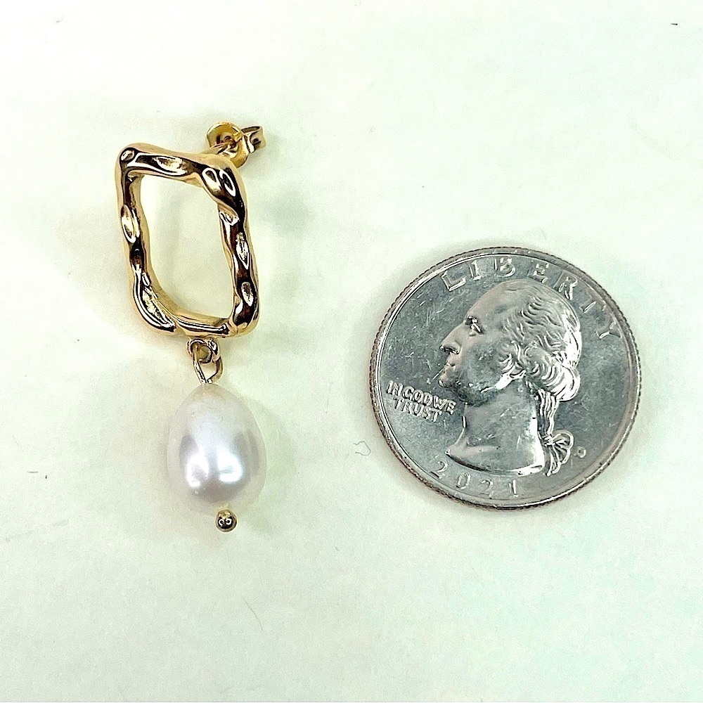 BRAND New 18K Gold Plated Steel Dangle Drop Hoop Pearl Earrings - Picture 3 of 3